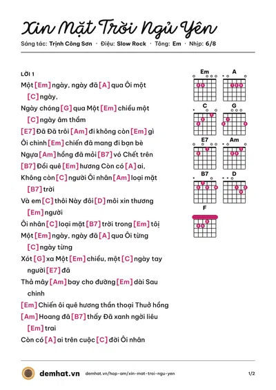 Hợp âm Xin Mặt Trời Ngủ Yên (Hồng Nhung) – bản nhạc PDF trang 1, tông Em