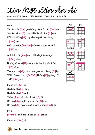 Hợp âm Xin Một Lần Ân Ái (Đình Dũng) – bản nhạc PDF trang 1, tông Am