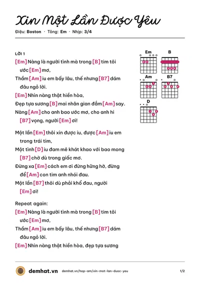 Hợp âm Xin Một Lần Được Yêu (Vân Quang Long) – bản nhạc PDF trang 1, tông Em