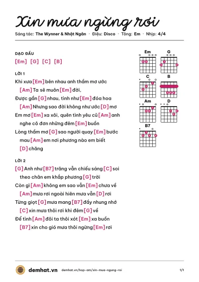Hợp âm Xin mưa ngừng rơi (Lâm Nhật Tiến) – bản nhạc PDF trang 1, tông Em