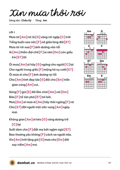 Hợp âm Xin mưa thôi rơi (Thái Châu (trước 75)) – bản nhạc PDF trang 1, tông Am