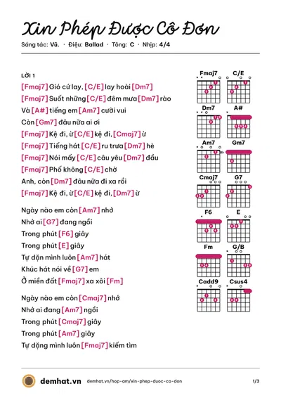 Hợp âm Xin Phép Được Cô Đơn (Vũ.) – bản nhạc PDF trang 1, tông C