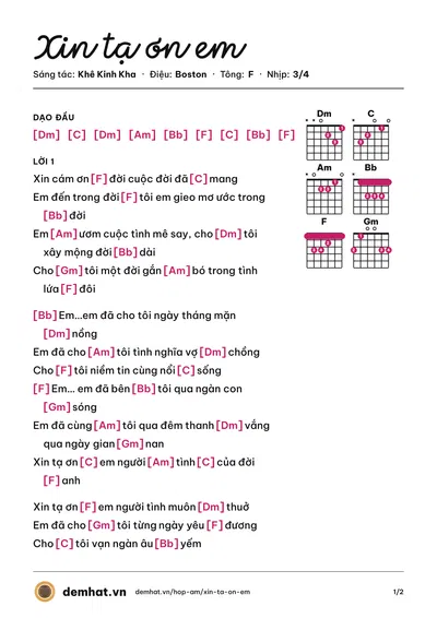 Hợp âm Xin tạ ơn em (Khê Kinh Kha) – bản nhạc PDF trang 1, tông F