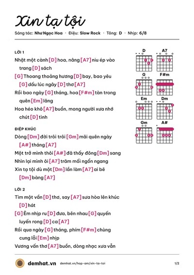 Hợp âm Xin tạ tội (Như Ngọc Hoa) – bản nhạc PDF trang 1, tông D