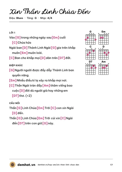 Hợp âm Xin Thần Linh Chúa Đến (Quân Keyboard) – bản nhạc PDF trang 1, tông G