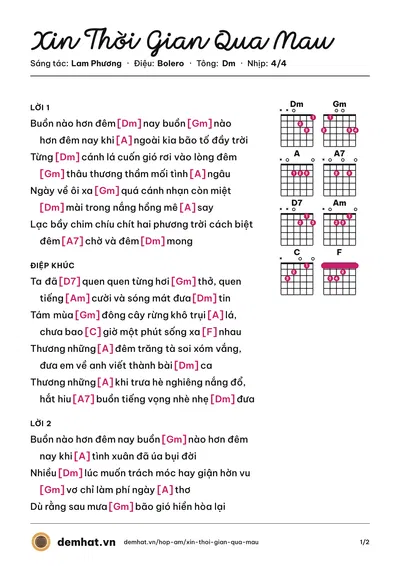 Hợp âm Xin Thời Gian Qua Mau (Quang Lê) – bản nhạc PDF trang 1, tông Dm