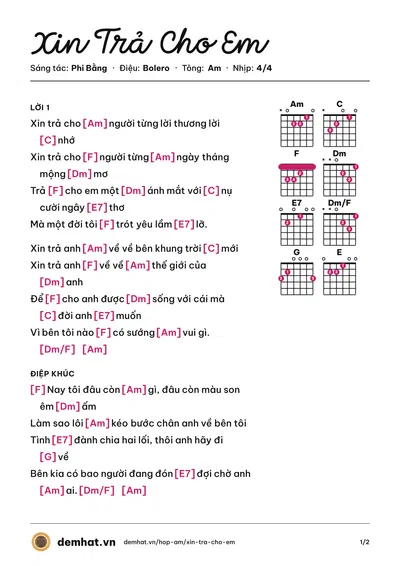 Hợp âm Xin Trả Cho Em (Khánh Bình) – bản nhạc PDF trang 1, tông Am