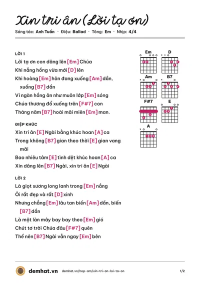 Hợp âm Xin tri ân (Lời tạ ơn) (Linh mục Nguyễn Sang) – bản nhạc PDF trang 1, tông Em