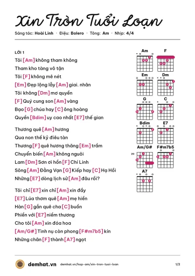 Hợp âm Xin Tròn Tuổi Loạn (Trường Vũ) – bản nhạc PDF trang 1, tông Am