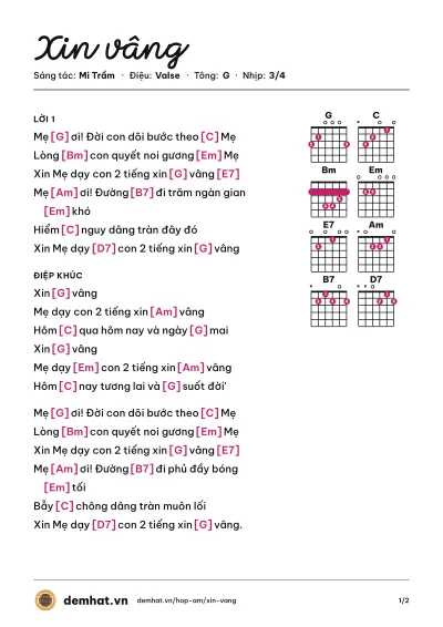Hợp âm Xin vâng (Lm. JB. Nguyễn Sang) – bản nhạc PDF trang 1, tông G