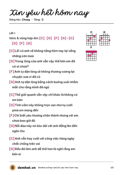 Hợp âm Xin yêu hết hôm nay (Chazg) – bản nhạc PDF trang 1, tông C