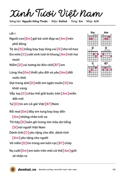 Hợp âm Xinh Tươi Việt Nam (VMusic) – bản nhạc PDF trang 1, tông Em