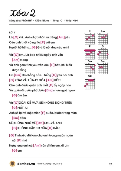 Hợp âm Xóa 2 (Phúc Bồ) – bản nhạc PDF trang 1, tông C