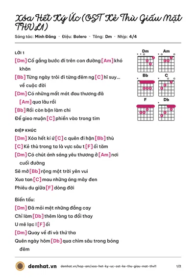 Hợp âm Xóa Hết Ký Ức (OST Kẻ Thù Giấu Mặt THVL1) (Uyên Thy) – bản nhạc PDF trang 1, tông Dm