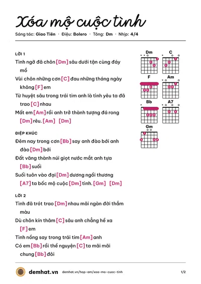 Hợp âm Xóa mộ cuộc tình (Chế Thanh) – bản nhạc PDF trang 1, tông Dm