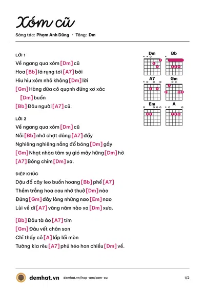 Hợp âm Xóm cũ (Quỳnh Dao) – bản nhạc PDF trang 1, tông Dm