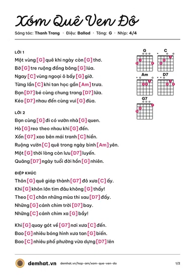 Hợp âm Xóm Quê Ven Đô (Hồng Tước) – bản nhạc PDF trang 1, tông G