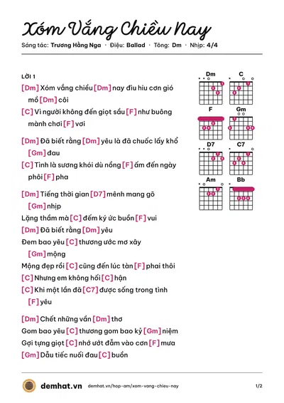 Hợp âm Xóm Vắng Chiều Nay (Hoàng Tình) – bản nhạc PDF trang 1, tông Dm