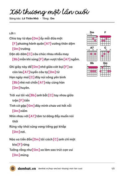 Hợp âm Xót thương một lần cuối (Đức Hạnh) – bản nhạc PDF trang 1, tông Dm