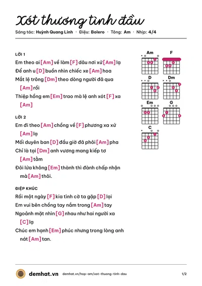 Hợp âm Xót thương tình đầu (Huỳnh Nam) – bản nhạc PDF trang 1, tông Am