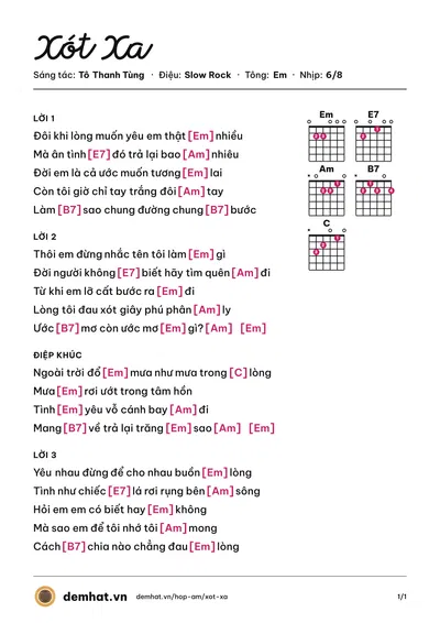 Hợp âm Xót Xa (Dương Ngọc Thái) – bản nhạc PDF trang 1, tông Em