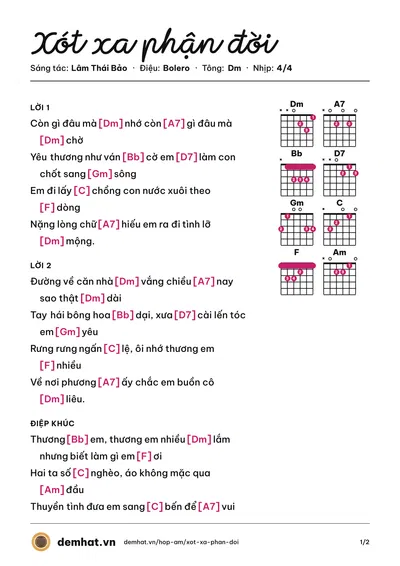 Hợp âm Xót xa phận đời (Võ Hoàng Lâm) – bản nhạc PDF trang 1, tông Dm