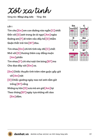 Hợp âm Xót xa tình (Kana Ngọc Thúy) – bản nhạc PDF trang 1, tông Em