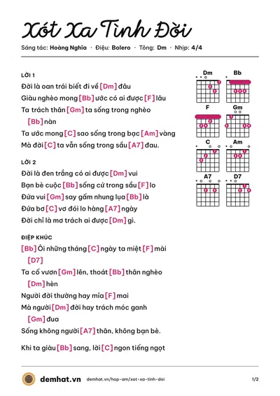 Hợp âm Xót Xa Tình Đời (Trường Vũ) – bản nhạc PDF trang 1, tông Dm