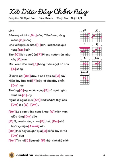Hợp âm Xứ Dừa Đây Chốn Này (Vũ Ngọc Báu) – bản nhạc PDF trang 1, tông Dm