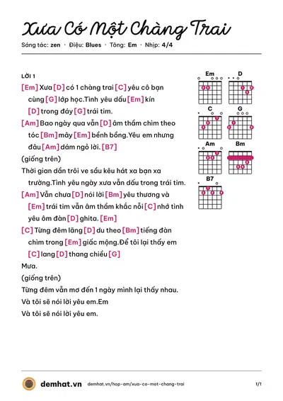 Hợp âm Xưa Có Một Chàng Trai (trường zen) – bản nhạc PDF trang 1, tông Em