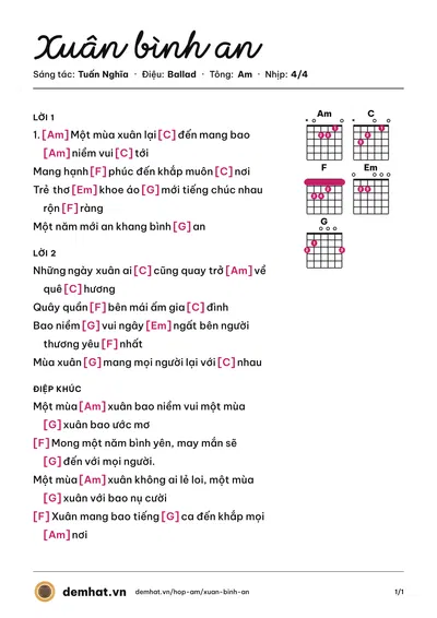 Hợp âm Xuân bình an (Lý Hải) – bản nhạc PDF trang 1, tông Am