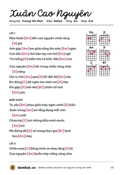 Hợp âm Xuân Cao Nguyên (Mai Trúc Lan) – bản nhạc PDF trang 1, tông Em