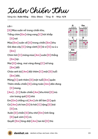 Hợp âm Xuân Chiến Khu (Ái Xuân) – bản nhạc PDF trang 1, tông G