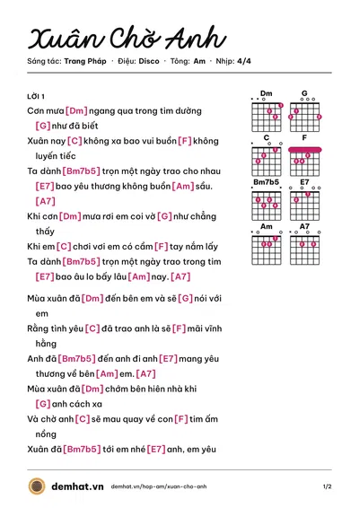 Hợp âm Xuân Chờ Anh (Trang Pháp) – bản nhạc PDF trang 1, tông Am