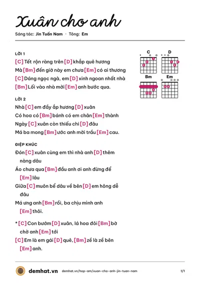 Hợp âm Xuân cho anh (Duyên Kendy) – bản nhạc PDF trang 1, tông Em
