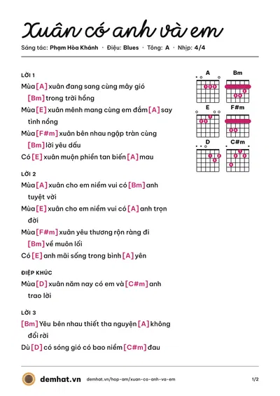 Hợp âm Xuân có anh và em (Phạm Hòa Khánh) – bản nhạc PDF trang 1, tông A