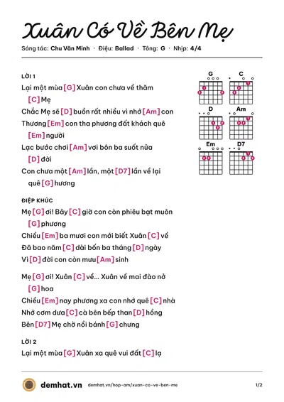 Hợp âm Xuân Có Về Bên Mẹ (Chu Văn Minh) – bản nhạc PDF trang 1, tông G