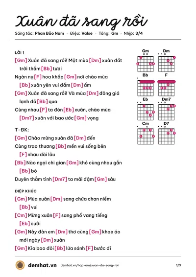 Hợp âm Xuân đã sang rồi (Thái Hằng) – bản nhạc PDF trang 1, tông Gm