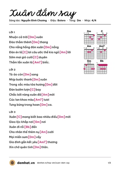 Hợp âm Xuân đắm say (Nguyễn Đình Chương) – bản nhạc PDF trang 1, tông Dm