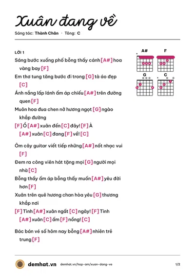 Hợp âm Xuân đang về (Thành Chân) – bản nhạc PDF trang 1, tông C