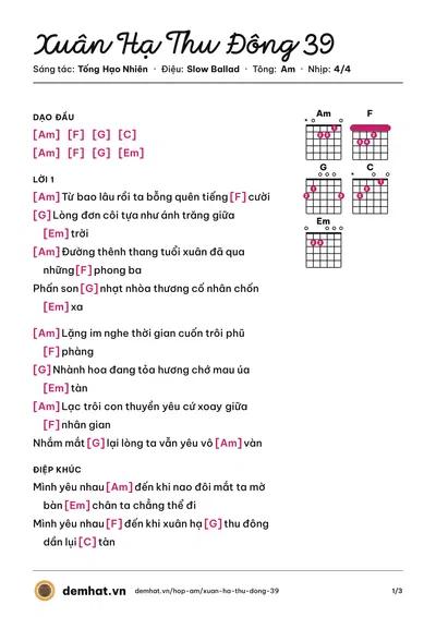 Hợp âm Xuân Hạ Thu Đông 39 (Phương Thanh) – bản nhạc PDF trang 1, tông Am