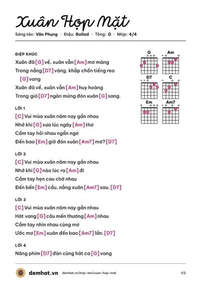 Hợp âm Xuân Họp Mặt (Mây Trắng) – bản nhạc PDF trang 1, tông G