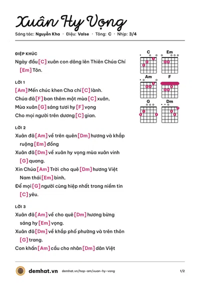 Hợp âm Xuân Hy Vọng (Gia Ân) – bản nhạc PDF trang 1, tông C