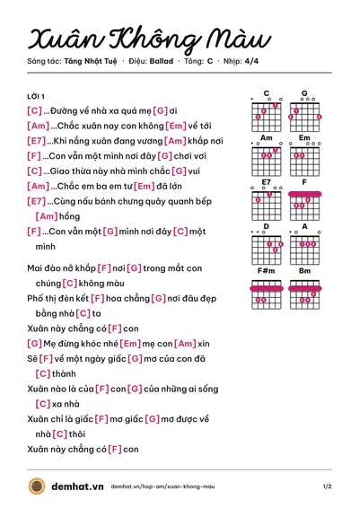 Hợp âm Xuân Không Màu (Tăng Nhật Tuệ) – bản nhạc PDF trang 1, tông C