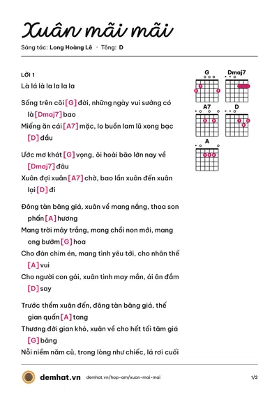 Hợp âm Xuân mãi mãi (Long Hoàng Lê) – bản nhạc PDF trang 1, tông D