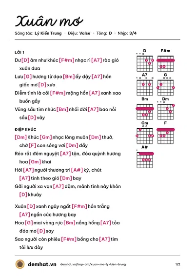 Hợp âm Xuân mơ (Tố My) – bản nhạc PDF trang 1, tông D