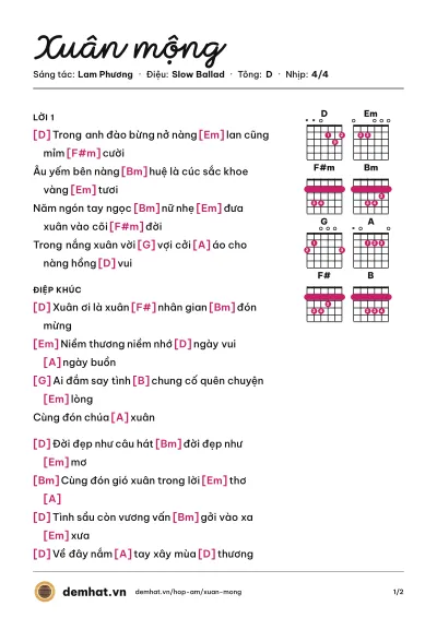 Hợp âm Xuân mộng (Châu Ngọc Tiên) – bản nhạc PDF trang 1, tông D