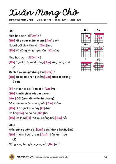 Hợp âm Xuân Mong Chờ (Như Quỳnh) – bản nhạc PDF trang 1, tông Dm