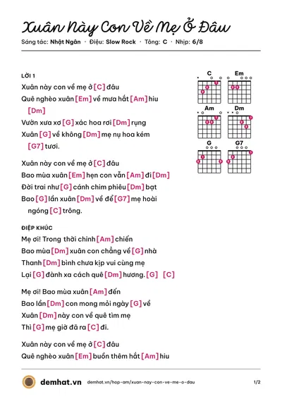 Hợp âm Xuân Này Con Về Mẹ Ở Đâu (Quang Lê) – bản nhạc PDF trang 1, tông C