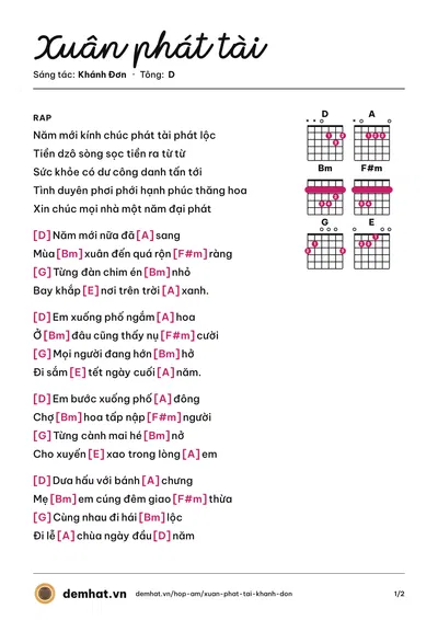 Hợp âm Xuân phát tài (Khánh Đơn) – bản nhạc PDF trang 1, tông D
